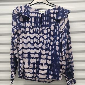 Antik Batik Women's Blue and Lilac Cotton Ruffle Blouse Shirt Sz S/38